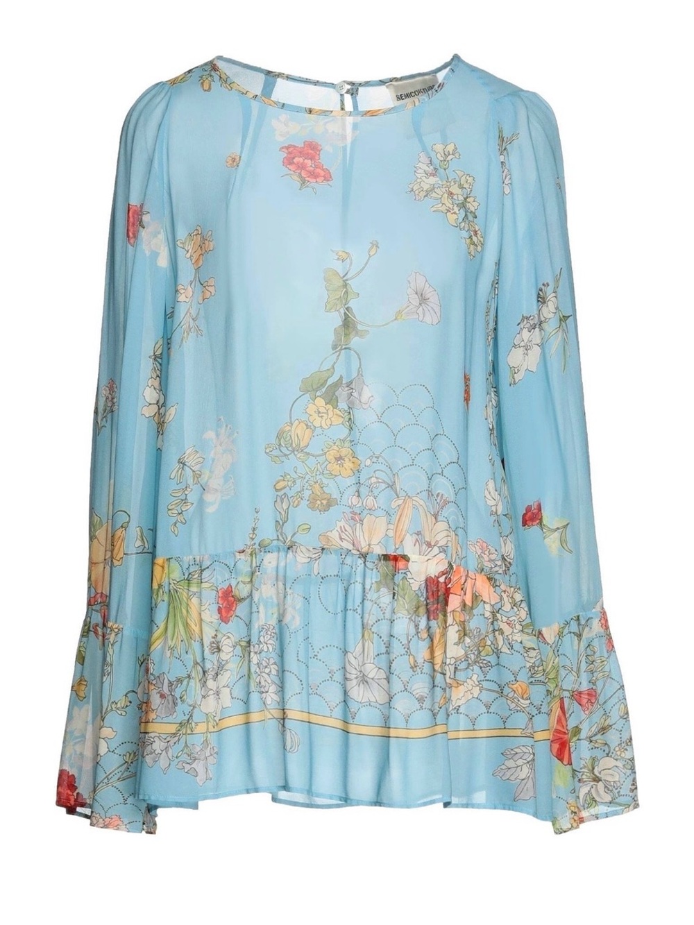 Light Blue Floral Long-Sleeve Peplum Blouse